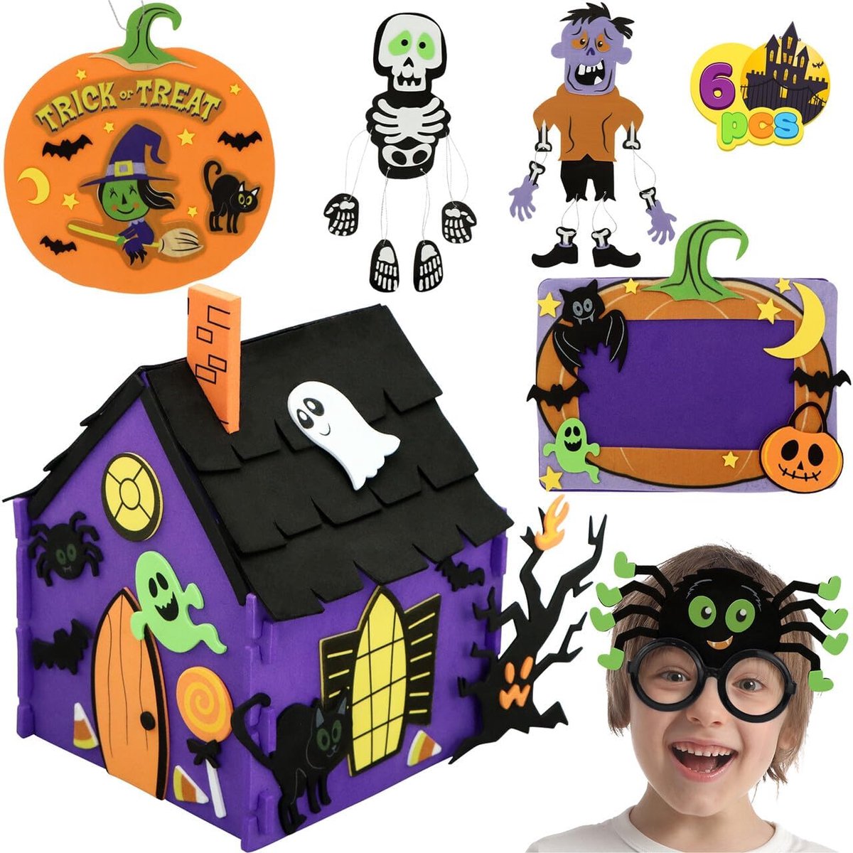 Halloween Foam Craft Kit voor kinderen met 3D spookhuis, Halloween fotolijst, 2 Halloween karakters decor, bril en trick or treat deurbord hanger, kunst en ambachten, Halloween feestgeschenken