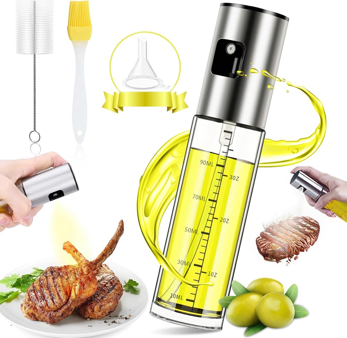 Oliesproeier voor spijsolie, 100 ml, oliespuitfles, roestvrij staal, glas, oliespray voor het koken, oliespray voor heteluchtfriteuse, airfryer, oliespray voor salade, grillen, bakken in de