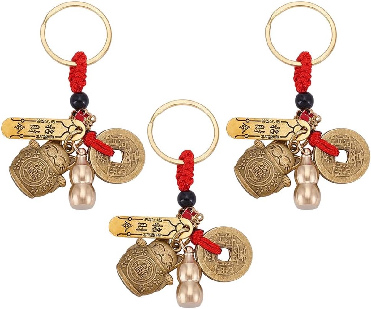 3 stuks Lucky Cat Sleutelhanger Messing Maneki Neko Good Luck Charms