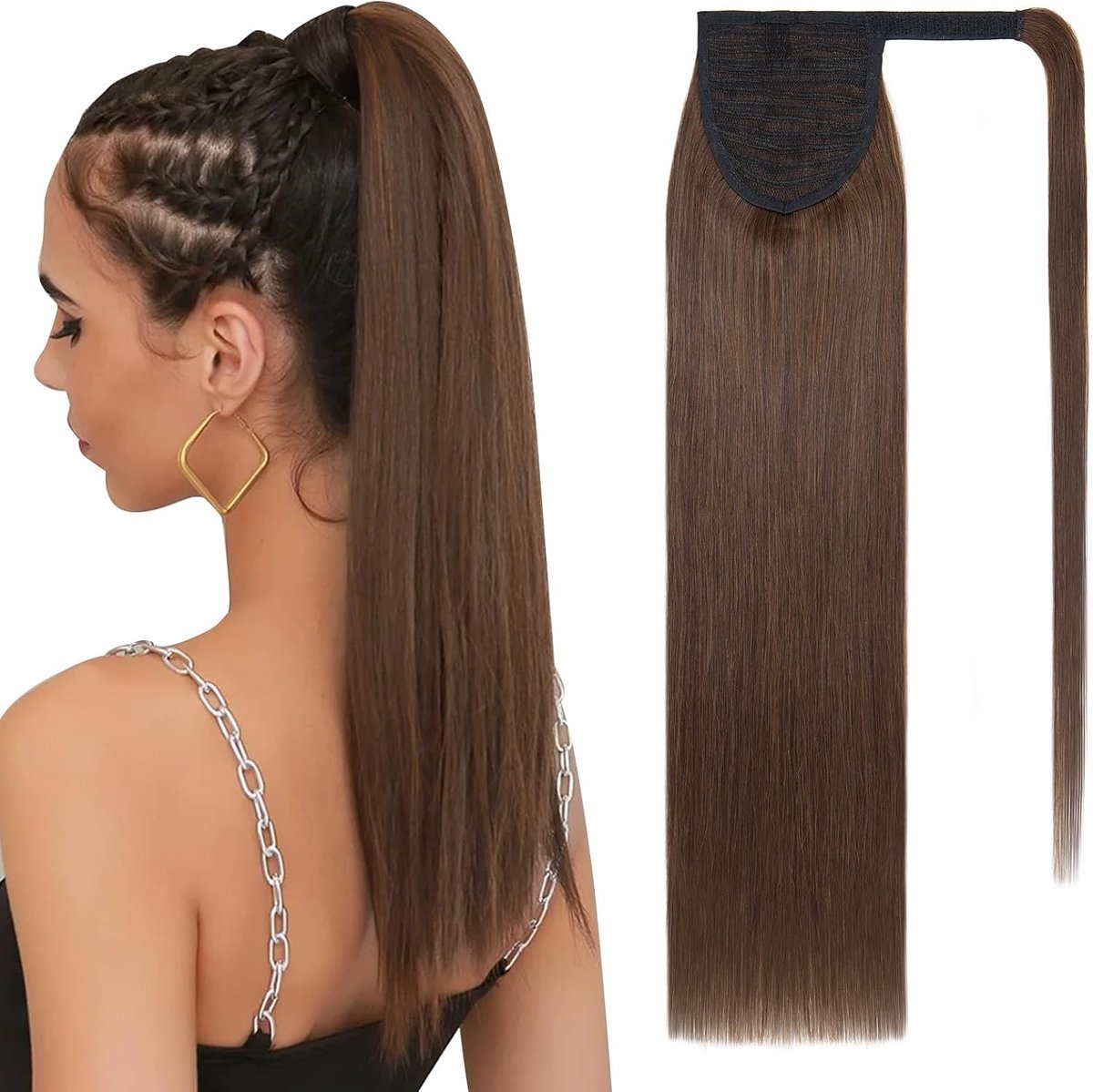 haarstukje, echt haar, extensies, vlecht, 40 cm, middenbruin, clip-in