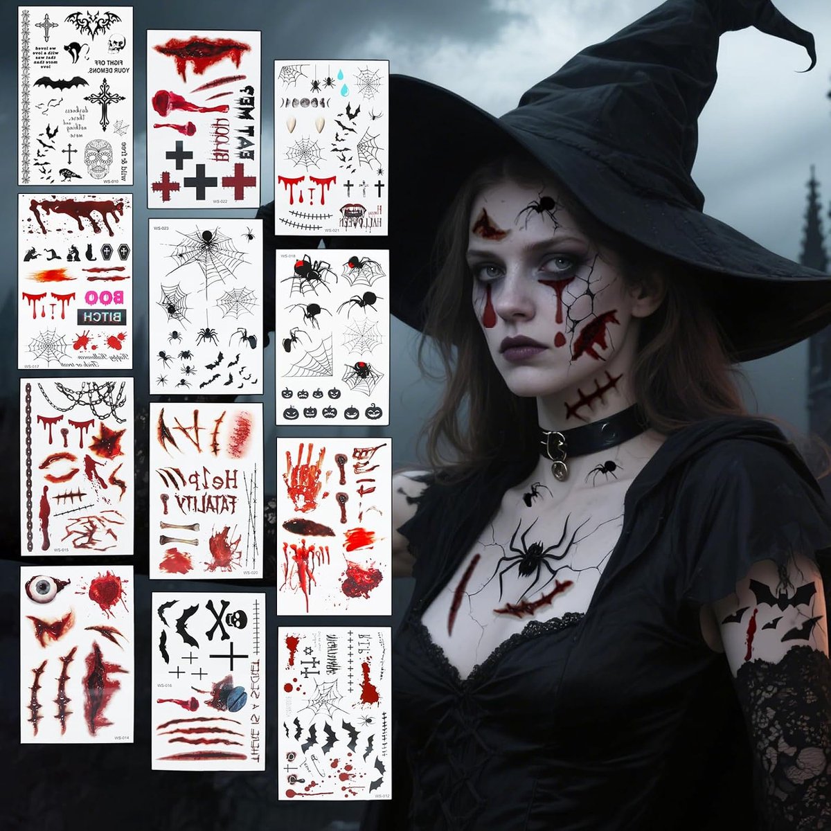 12 vellen Halloween-tatoeages, voor dames en heren, gezichtstattoo, littekens, wonden, vleermuis, gezichtsstickers, tijdelijke tatoeages, accessoires voor vampier, zombie, duivel, heks en cosplay