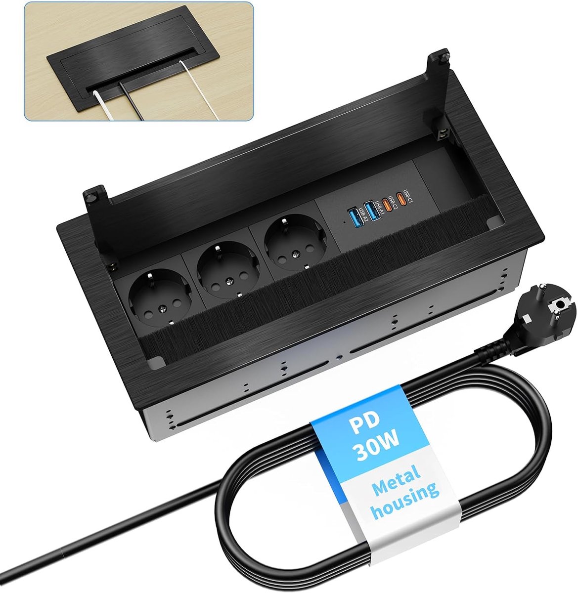 versenkbare inbouwstopcontact met 2 USB-C PD 30W & 2 USB-A, 3-voudige meervoudige stekkerdoos voor keuken, werkblad, kantoor, 1,8M kabel, zwart