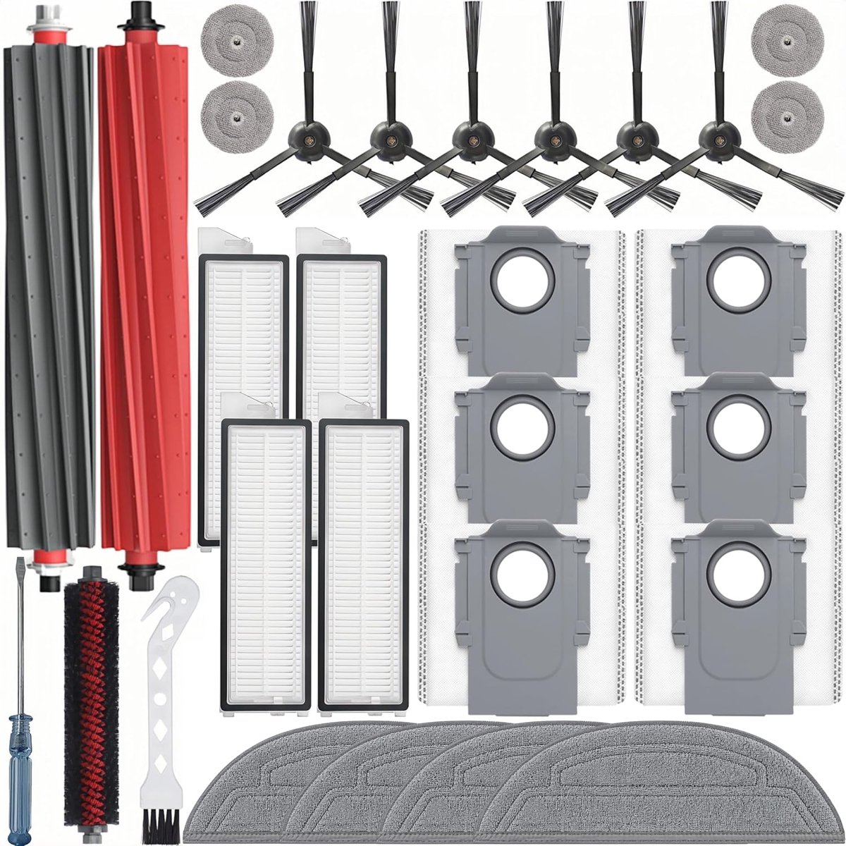 29-delige accessoireset voor Roborock S8 MaxV Ultra/S8 Max Ultra robotstofzuiger, 1 mop reinigingsborstel, 2 hoofdborstelen, 4 filters, 4 dweilpads, 4 kleine moppen, 6 zijborstelen, 6