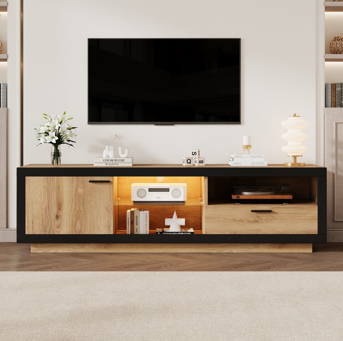 MIVRAY Tv Meubel - Led Verlichting Met Lade En Opbergruimte - Voor Woonkamer En Slaapkamer - Zwart En Eiken - 160 X 40 X 50 Cm