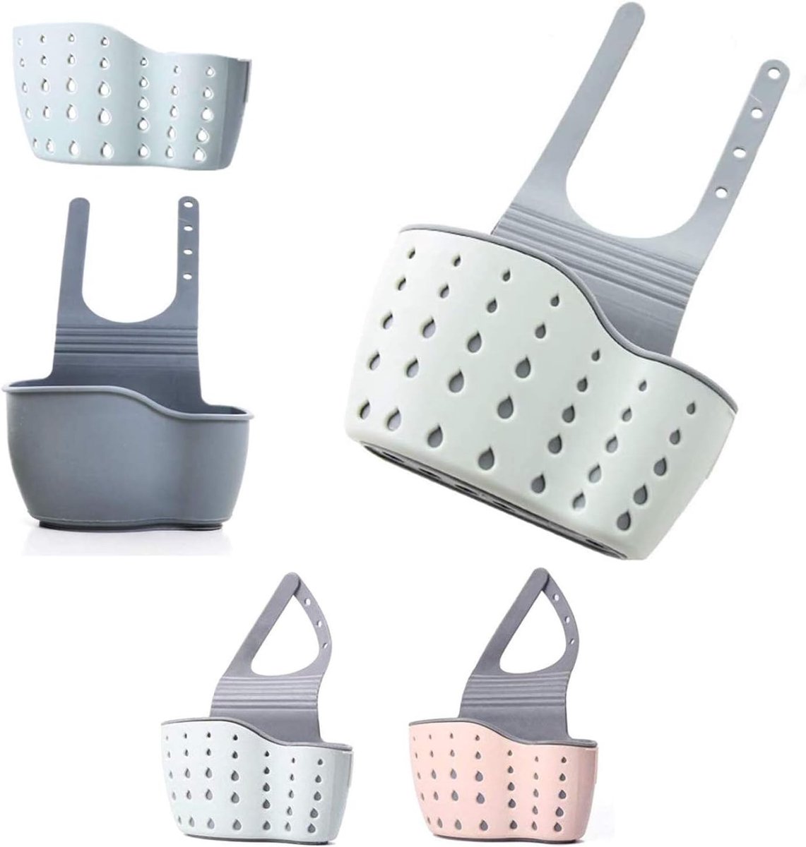 SnelShoppen - 2 Silicone Afwasbak met Plastic Hangende Zeep Houder met Verstelbare Kraanriem, Opbergrek voor Keukenaccessoires (Roze + Groen)