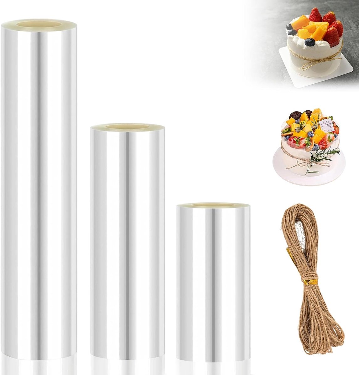 Taartrandfolie 10/20/30 cm hoog × 10 m, 3 rollen acetaat taartfolie