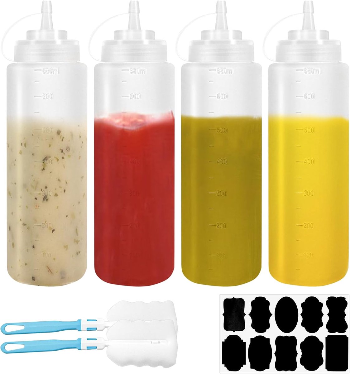 Squeeze flessen set 680ml - plastic condiment flessen - met 2 borstels en 10 etiketten - ideaal voor sauzen - SnelShoppen