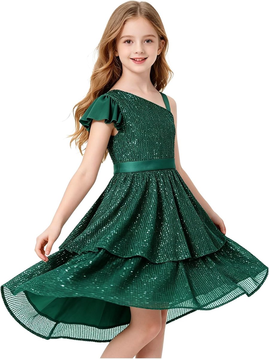 Meisjesjurk, pailletten, elegant, prinsessenjurk, feestjurk, schuimend, mouwloos, schouderriem, jurk