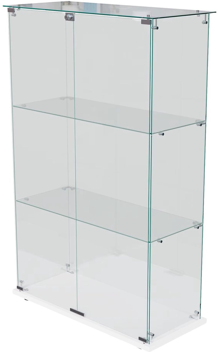 Glazen Vitrinekast 123x78 cm Wit / Zwart - Displaykast met LED Verlichting, Slot, Glazen Planken