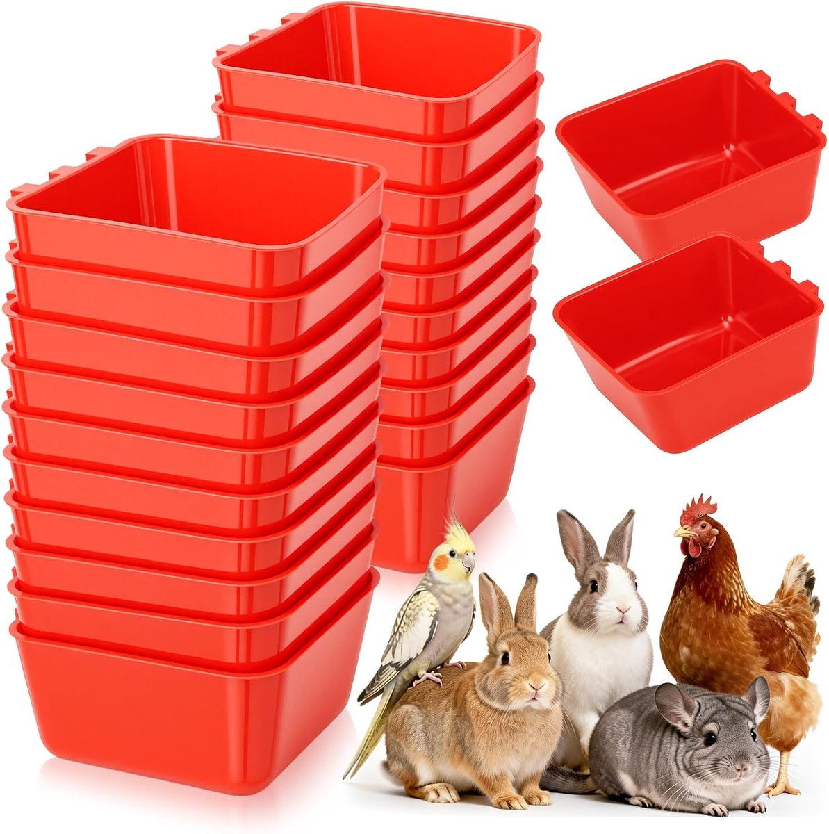 SnelShoppen - 20 Stuks Gevogelte Voedergerechten Kippen Waterkommen Kleine Dieren Drinkcontainers Rood 12,5 x 9,5 x 6 cm Voor Boerderij Kippen Eenden