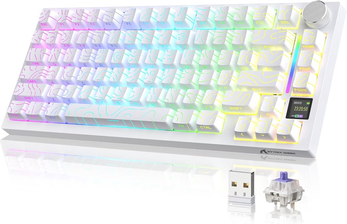 SnelShoppen - Mechanisch Toetsenbord met TFT Scherm, 75% ANSI Formaat, 2.4GHz/BT/Wired, Geluidsabsorberende Foams, Hot-swap, Wit, Voor PC en MAC