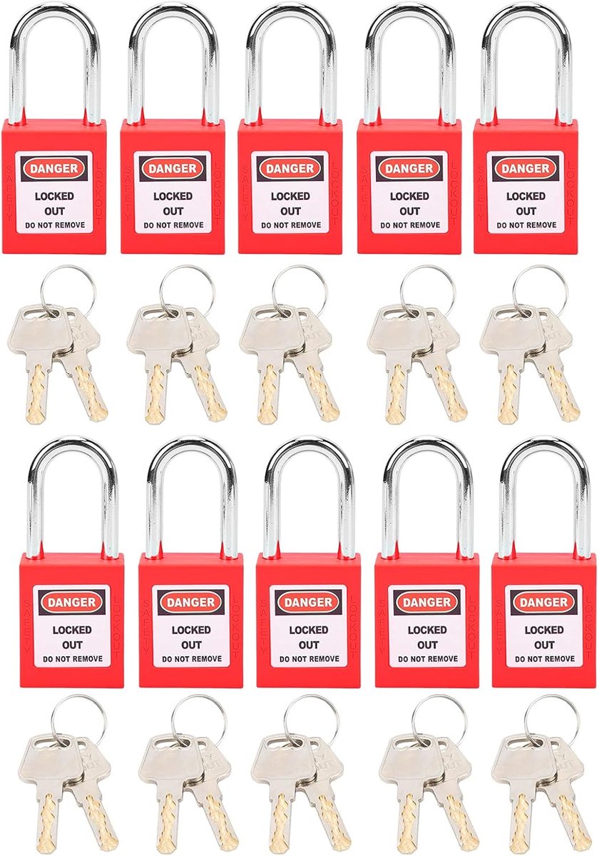 SnelShoppen - Lockout Hangslot 38Mm, Antislip Roestvrij Staal, Inclusief 2 Sleutels per Slot voor Lockout/Tagout Stations, 10 Sets (Rood)