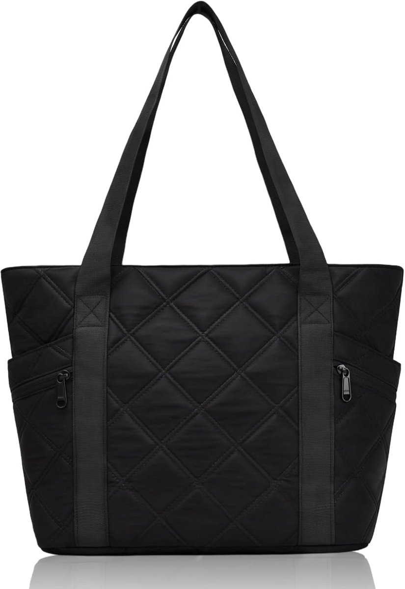 SnelShoppen - Dames Draagtas - Opvouwbare Handtas - Gequilte Schoudertas met Laptopvak - Zwarte Handbagage voor Strand, Sportschool, Werk, School, Win