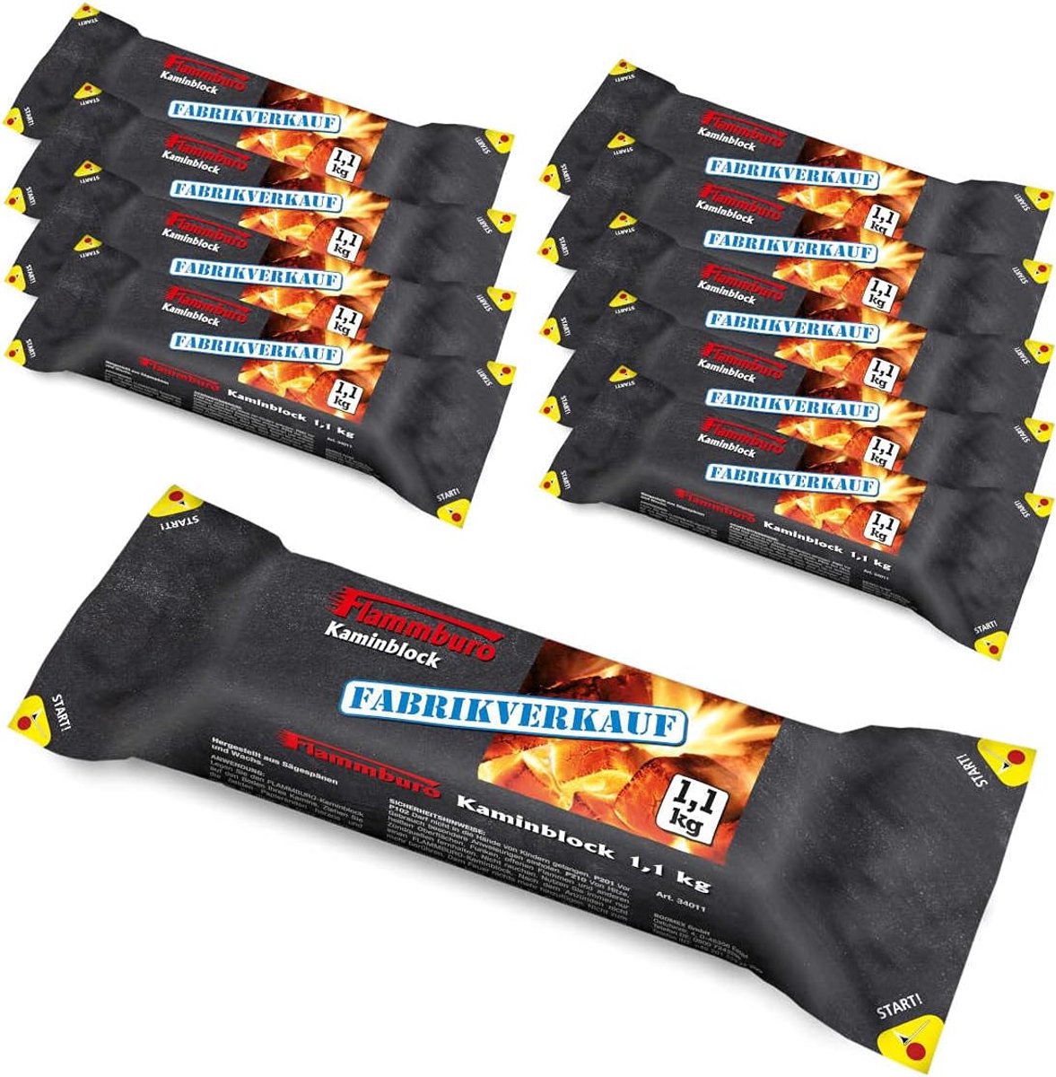 SnelShoppen - 10 x Vuurblok 1.1 kg - Houtblokken, Brandhout, Eco Blok, Geperste Brandstof, Houtkachel, Open Haard, Lichter, Voor Tuin en Camping
