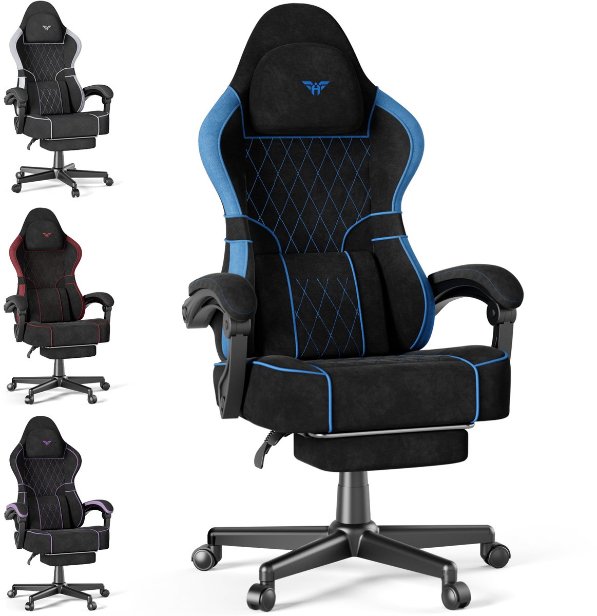 Arvioo CK-HD560 Gaming Stoel - Voetensteun - Massage Lendenkussen - Nubuck Fluweel Zwart-Blauw