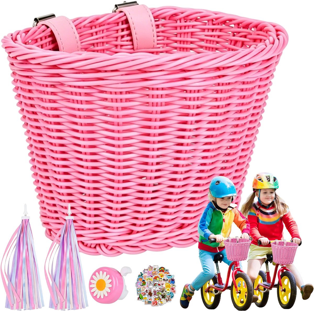 Fietsmand - Roze Kinderfietsmand - Kunststof Rotan Waterdicht - DIY Set met Stickers & Bel - Verstelbare Riemen Snelbevestiging - Valbestendig & Afwasbaar - Voor 12-20 Inch Fietsen