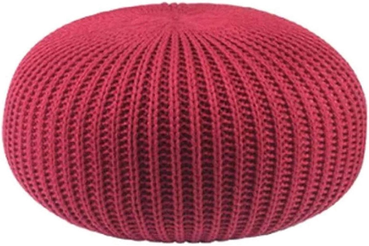 Hand Gebreide Poef - Voetenbank Kruk - Woonkamer Decoratie - 100% Katoen Gevlochten - 50x50x30cm - Rood