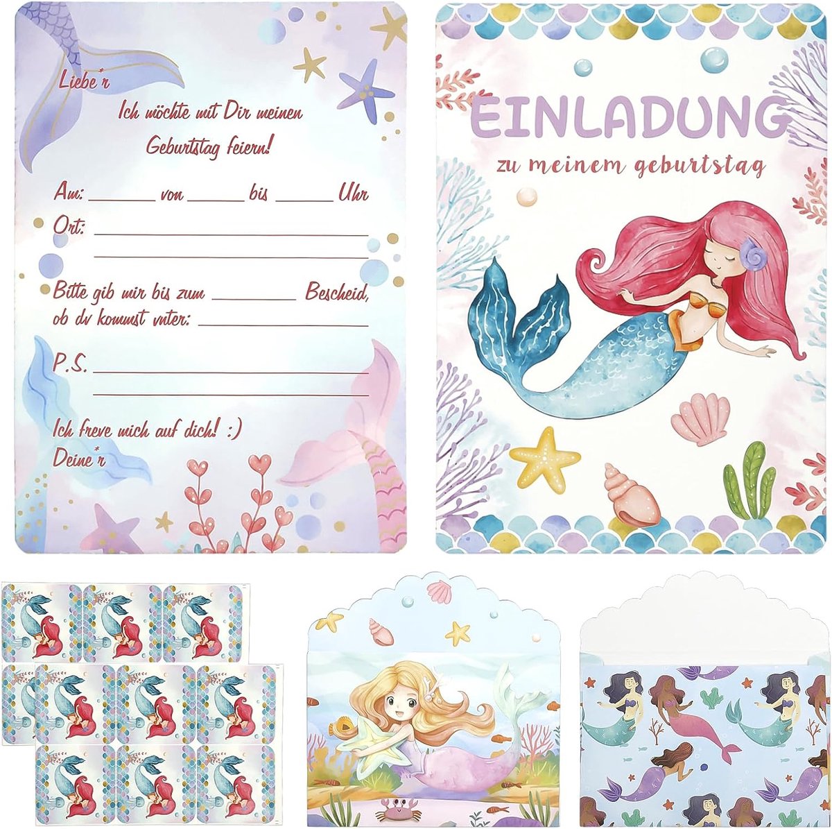 Uitnodigingskaarten zeemeermin - 12 kaarten met enveloppen en stickers - voor unieke verjaardagsfeestjes - SnelShoppen
