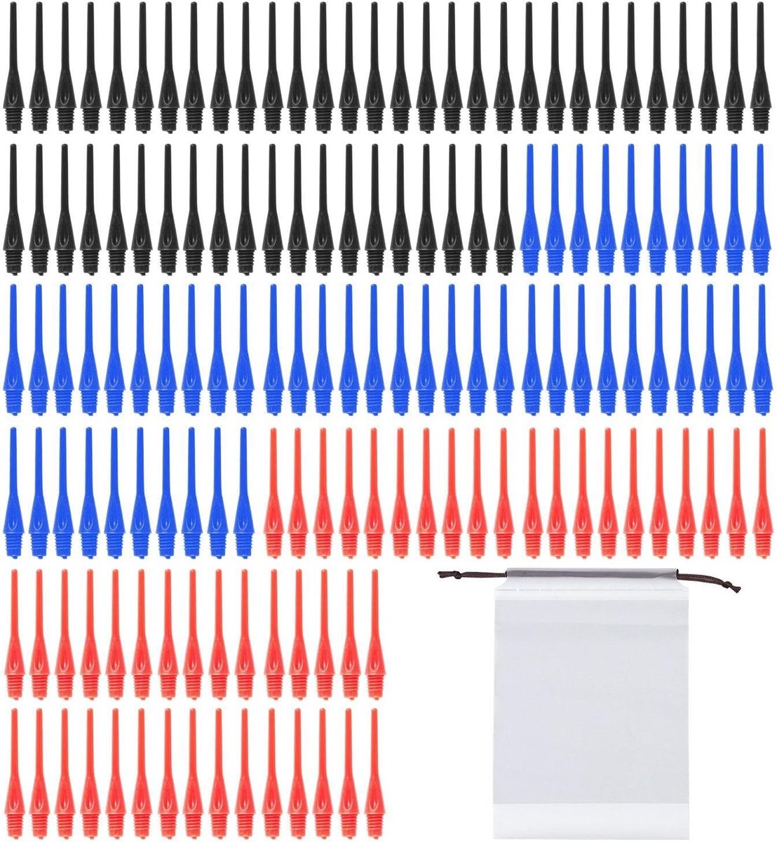 SnelShoppen - Pack van 150 Plastic Dart Tips + 1 Opbergzak - Vervangingen voor Dartpunten - Geschikt voor Feesten, Camping en Spellen - Rood, Blauw, Z