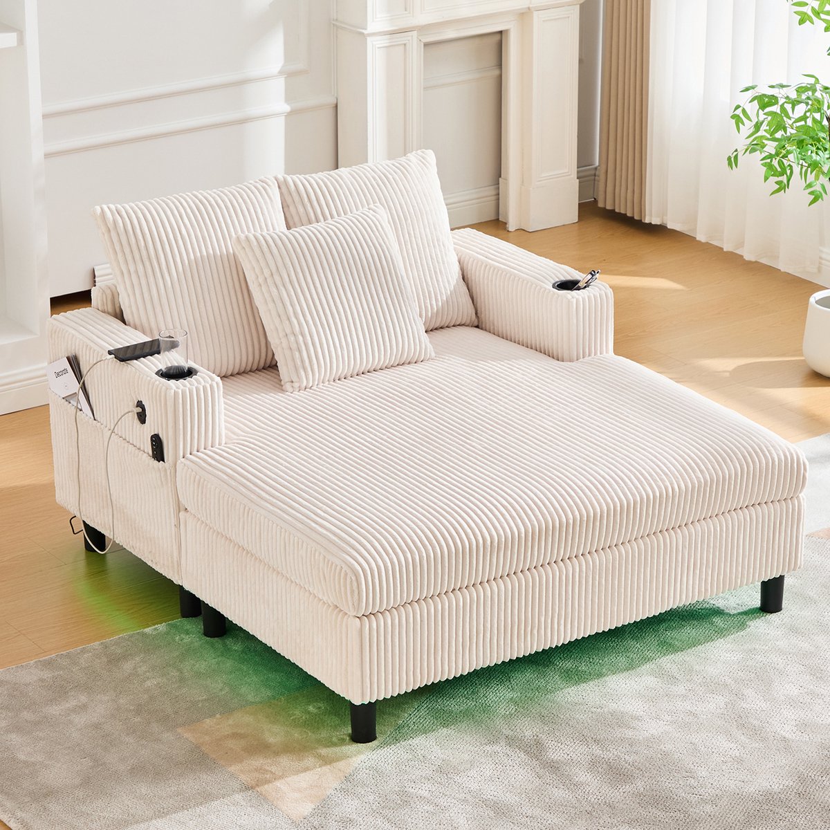 Lounge Fauteuil - Corduroy Relaxstoel Met LED Verlichting USB Poort Bekerhouder Beige