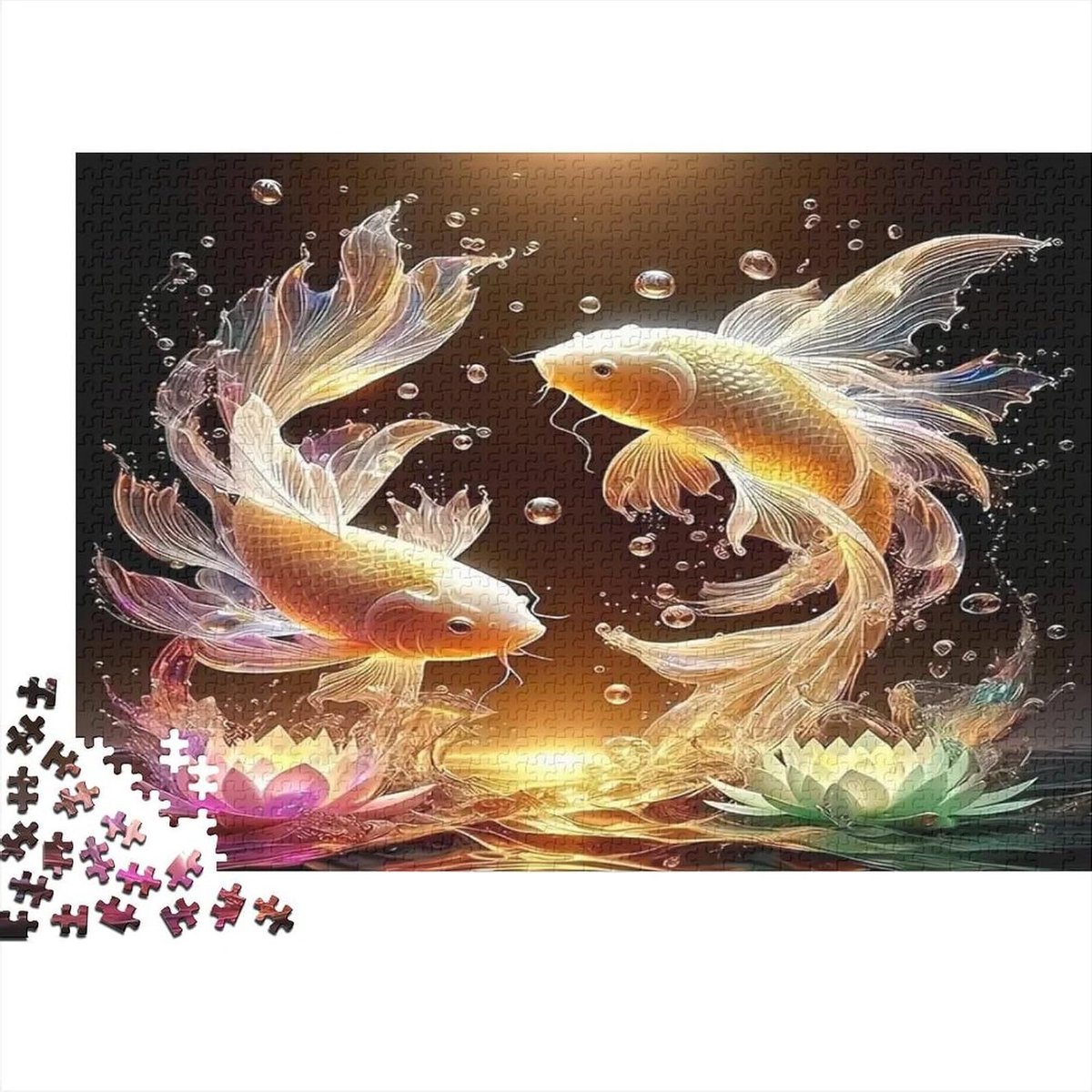 Vis Waterlelie Puzzel - 1000 Stukjes Puzzel - Ontspanning Thuis - Nauwkeurig Gesneden Stukjes - 38 x 26 cm - Nachtsfeer