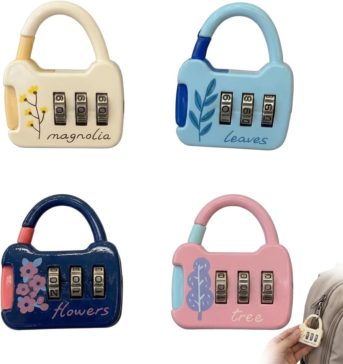 SnelShoppen - 4 Stuks Codeslot voor Vliegtuigkoffer - Klein Hangslot met 3-Cijferige Code en Bloemenpatroon - Schattig Mini-Hangslot voor Kluisje, Rug