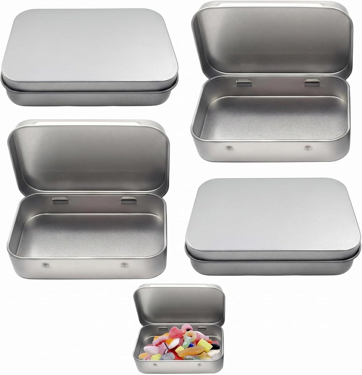 Set van 4 metalen blikken met deksel, kleine opbergdozen voor munten, snoep en sleutels (9,5 x 6 x 2 cm) - Ideaal voor kleine voorwerpen en organisatie