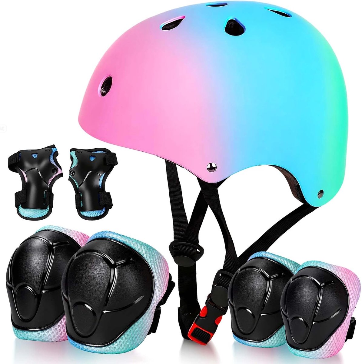 ZOSUDULL-Skate Beschermset Kinderen - 7-Delige-Skeeler-Bescherming-Met-Verstelbare-Kinderhelm-48-54cm-ABS-EPS-Kniebeschermers-Elleboogbeschermers-Polsbeschermers-Voor-Skaten-Fietsen-Step-Skateboard-Poederblauw-S