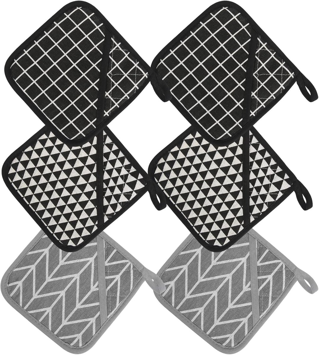 SnelShoppen - Set van 6 Hittebestendige Potholders 17x17 cm, Wasbaar en Geschikt voor Wasdroger, Keukenaccessoires voor Hete Pannen, Grijs en Zwart