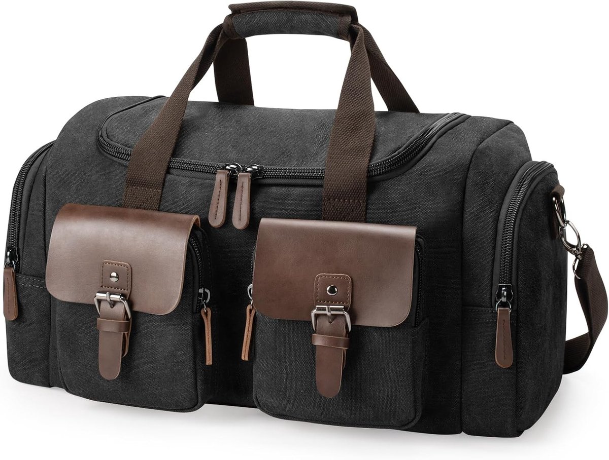 SnelShoppen - Vintage Canvas Reis Tas Unisex Sporttas Weekendtas 35L Zwart, Hoogwaardige Canvas Reistas voor Vliegtuig, Zakenreis, Kamperen voor Manne