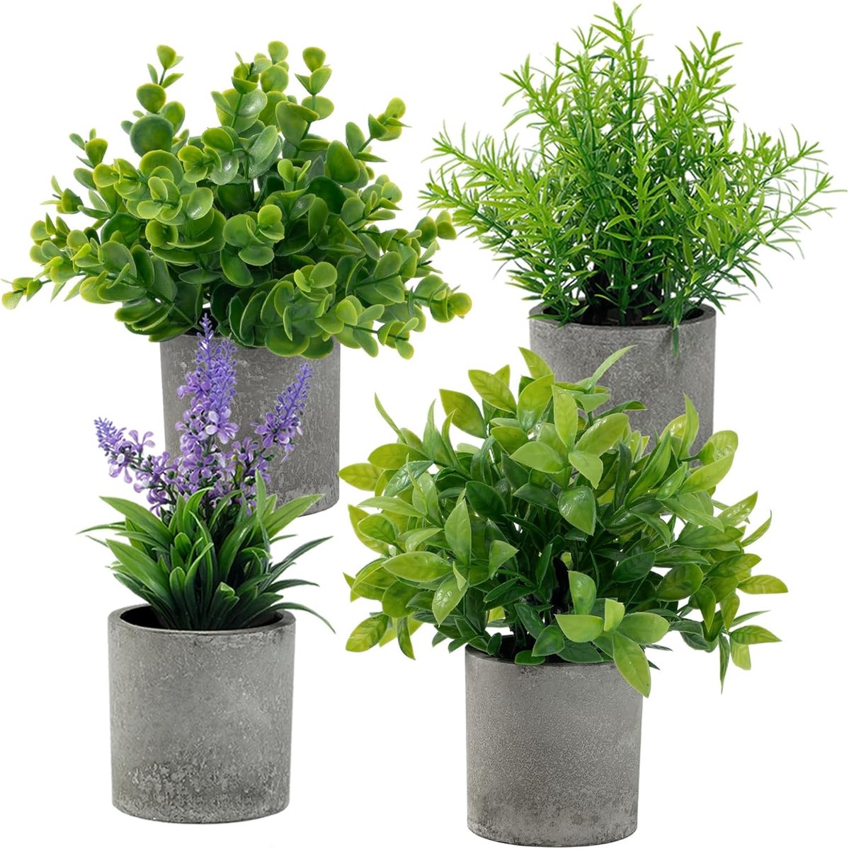 4 stuks kleine kunstplanten voor binnen, plastic planten in pot, eucalyptus, rozemarijn, hyacint, theeplant - ShopVlot