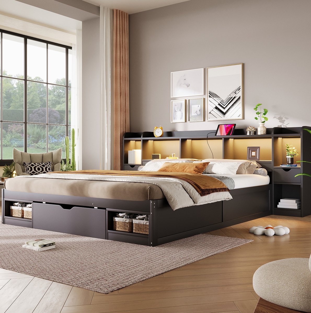FloraGrace Bed 180x200 cm - Bedframe Met Opbergruimte, 3 Lades, Ledverlichting En Usb Aansluiting - Zonder Matras - Zwart