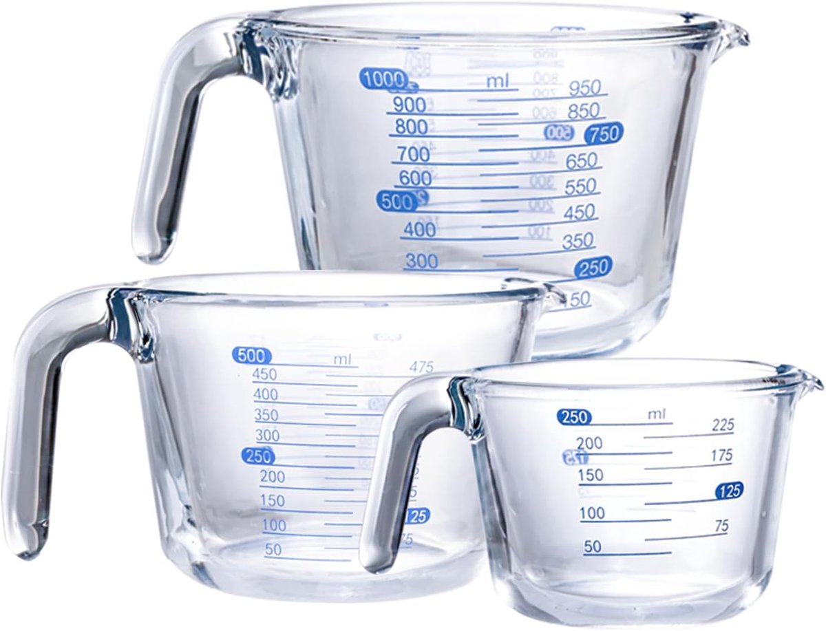 SnelShoppen - Hittebestendige Maatbekers Set van 3 - Glazen Maatbekers met Handvat - 250 ml, 500 ml, 1000 ml - Duurzaam Borosilicaatglas - Vaatwasmach