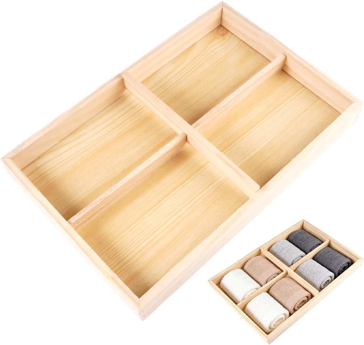 SnelShoppen - Houten opbergdoos met 4 vakken, 14 cm x 8 cm, uitneembare scheidingswanden voor sieraden, snacks, en creatieve hobby's - onafgewerkt om