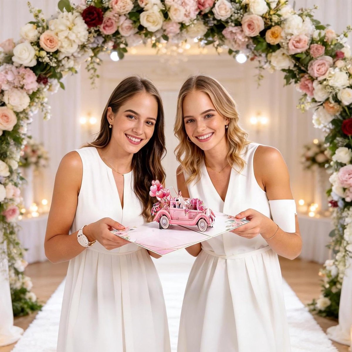 Trouwkaart 3D Auto - Wenskaart Verloving - Bijzondere Gelegenheden - Goudfolie Romantisch - 15 x 20 cm - Roze