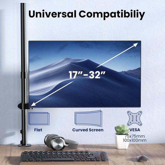 Verstelbare Desktop Monitorsteun voor 17-32 inch Schermen, Hoogwaardige Enkele Monitorarm met 2 Montageopties en Tot 9 kg Draagvermogen, VESA 75/100mm Compatibel — afbeelding 4