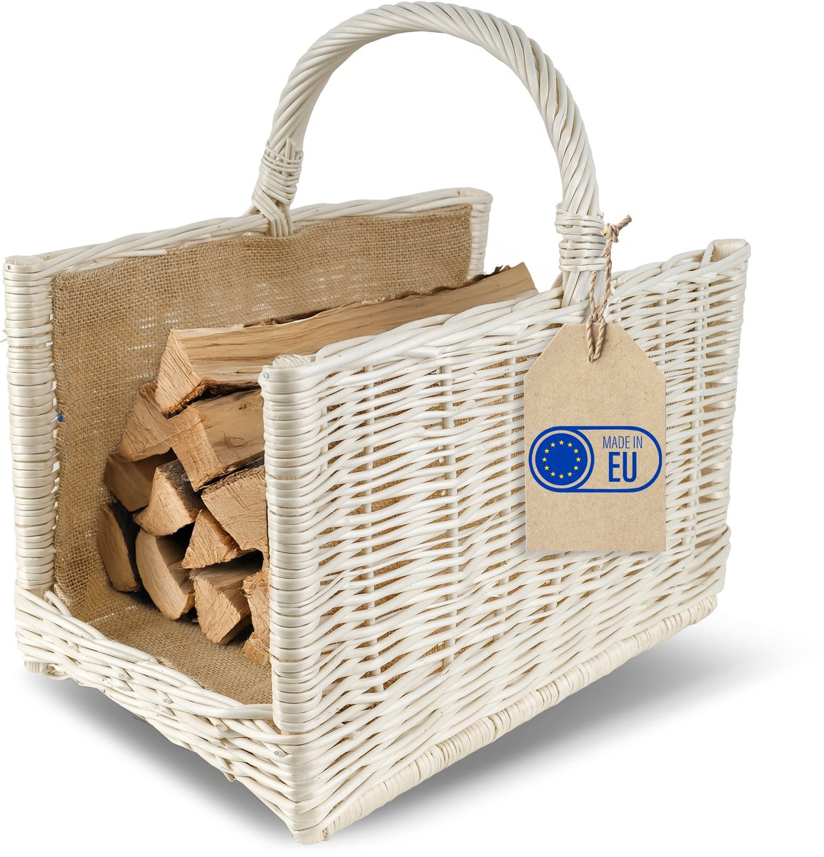 Creative Home Rieten Mand met Handvat voor Openhaardhoutopslag Jute Wit| 45 x 30 x 47 cm Grote Rechthoekige Licht | Handgeweven Handgemaakt Duurzaam | Natuurlijk Bruin Dikke Wilg | Multifunctioneel