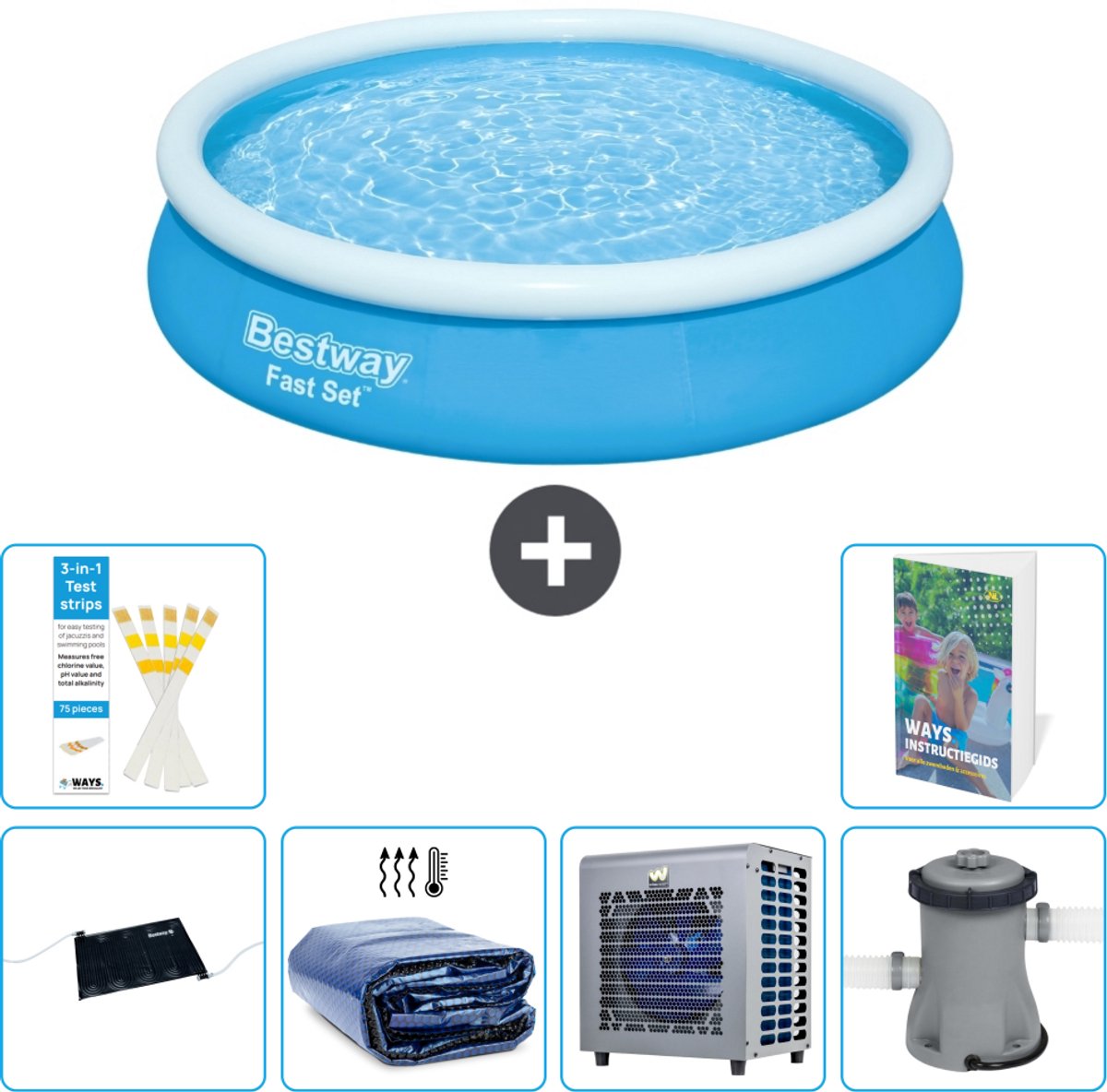 Bestway Rond Opblaasbaar Fast Set Zwembad - 366 x 76 cm - Blauw - Inclusief Solar Mat - Solarzeil - Warmtepomp - Zwembadfilterpomp - 7-delig