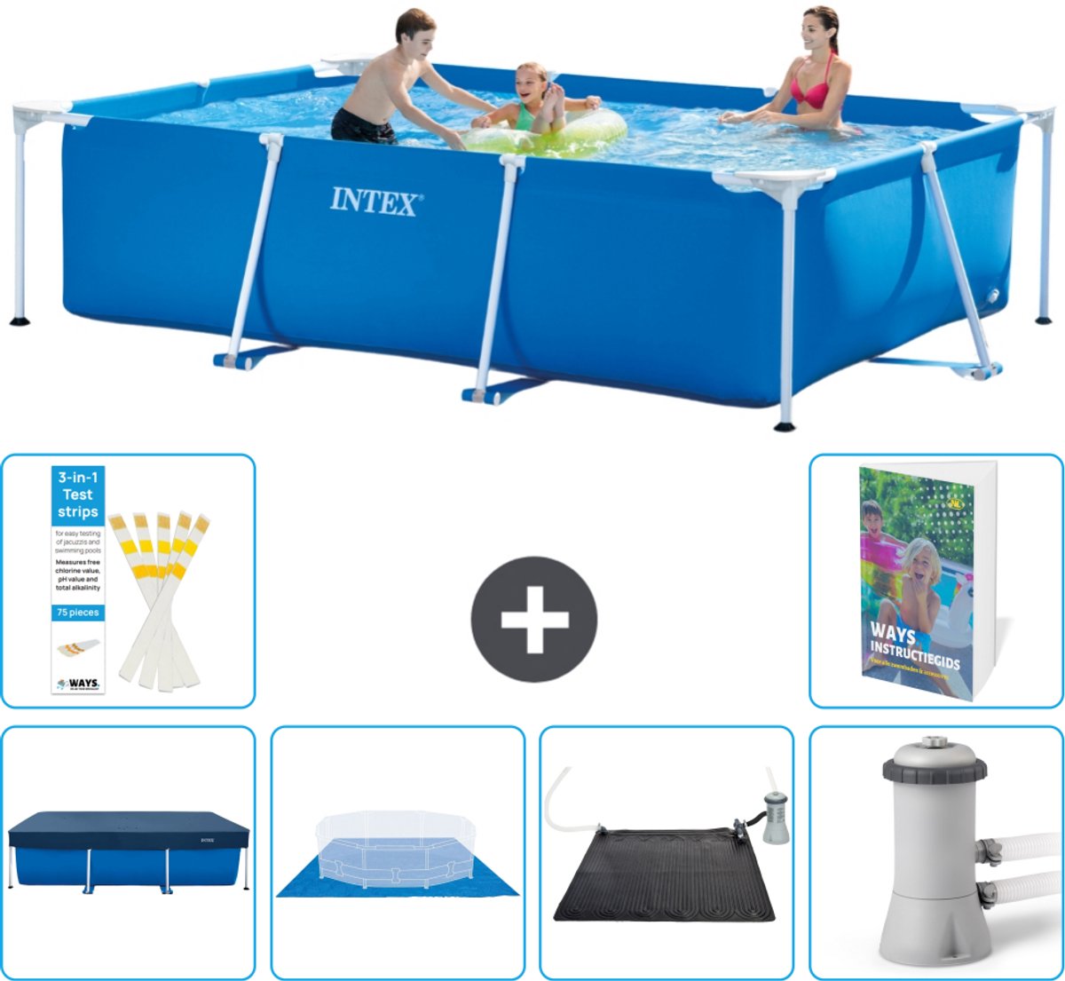 Intex Rechthoekig Frame Zwembad - 300 x 200 x 75 cm - Blauw - Inclusief Afdekzeil - Grondzeil - Solar Mat - Zwembadfilterpomp - 7-delig