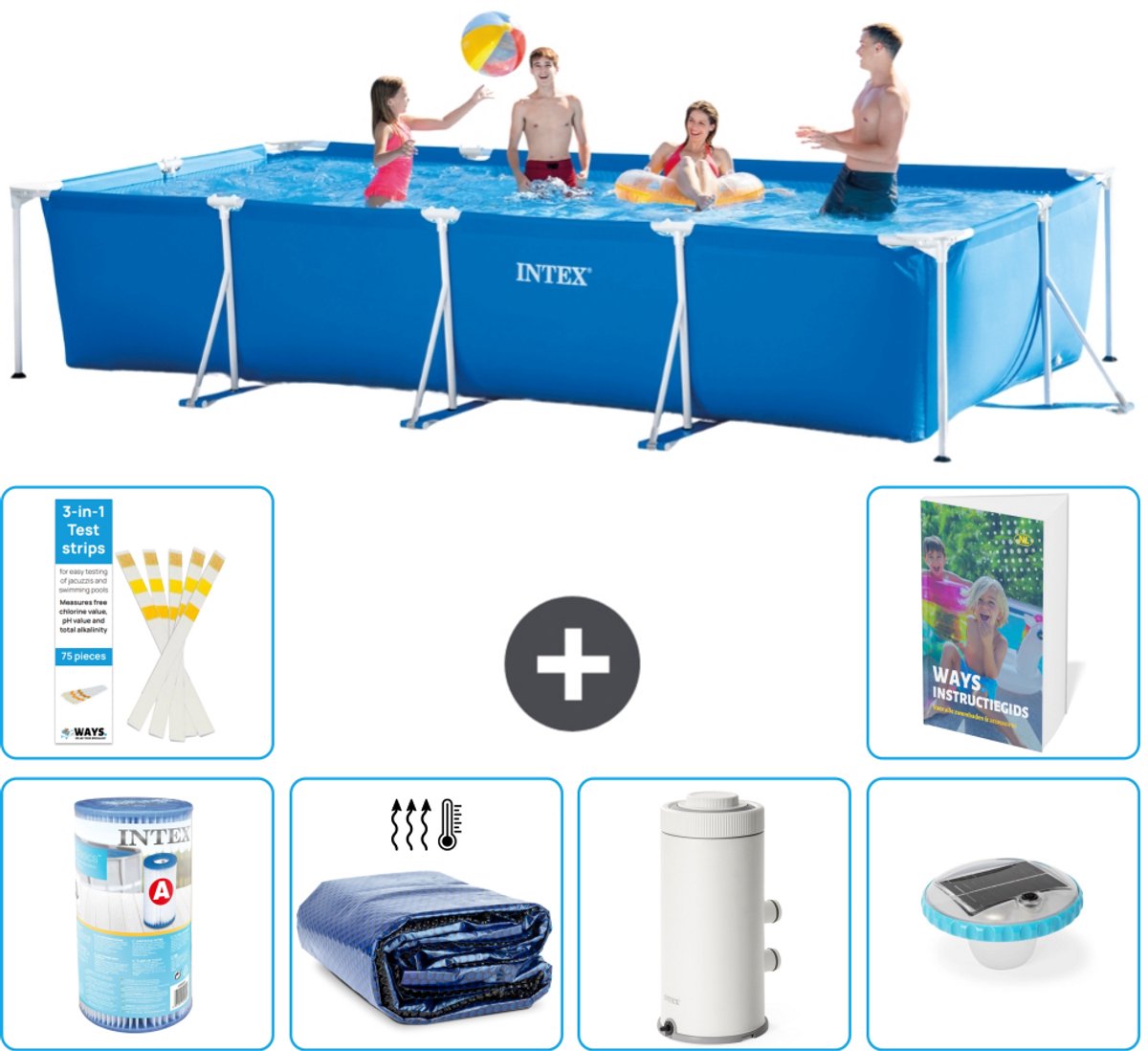 Intex Rechthoekig Frame Zwembad - 450 x 220 x 84 cm - Blauw - Inclusief Filter - Solarzeil - Zwembadfilterpomp - Verlichting - 7-delig