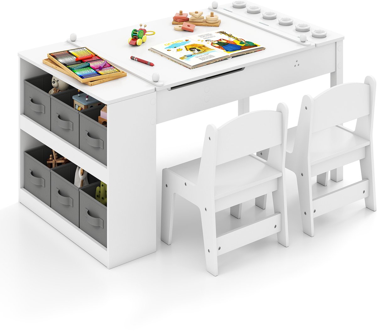 COSTWAY Kindertafel met 2 stoelen, 3-in-1 activiteitstafel en schildersezel van hout met optilbaar tafelblad met gekleurde bekers, 6 stoffen containers en papierrol, kinderzitgroep voor vanaf 3 jaar