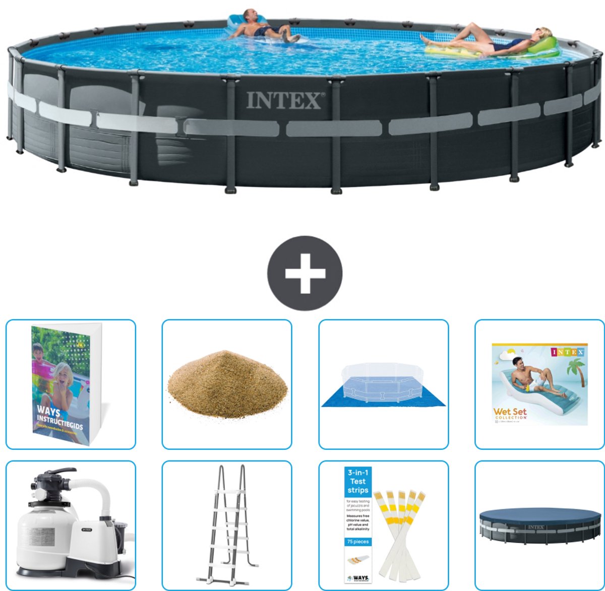 Intex Rond Ultra XTR Frame Zwembad - 732 x 132 cm - Inclusief Pomp - Ladder - Grondzeil - Afdekzeil - Filterzand - Loungebed - 9-delig