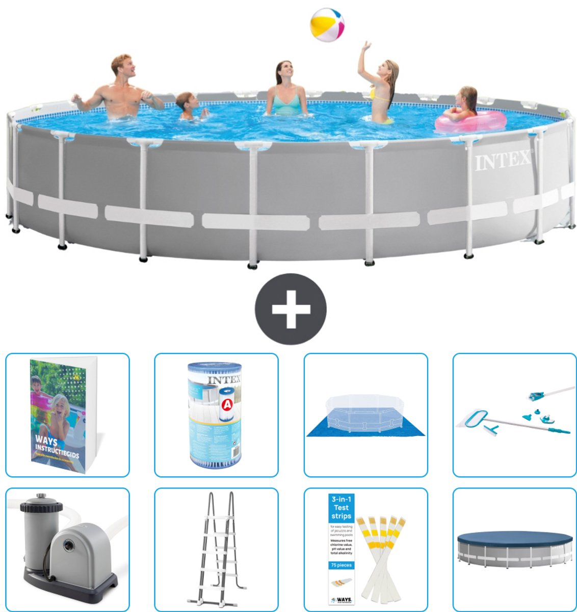 Intex Rond Prism Frame Zwembad - 610 x 132 cm - Grijs - Inclusief Pomp - Ladder - Grondzeil - Afdekzeil - Filter - Schoonmaakset - 9-delig