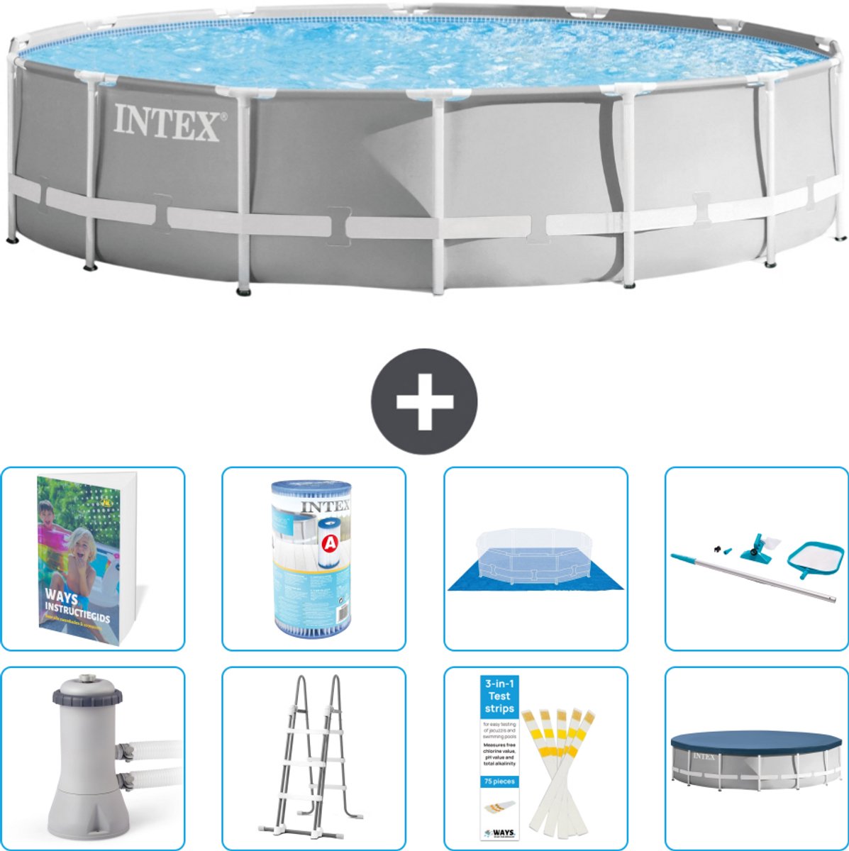 Intex Rond Prism Frame Zwembad - 427 x 107 cm - Grijs - Inclusief Pomp - Ladder - Grondzeil - Afdekzeil - Filter - Schoonmaakset - 9-delig