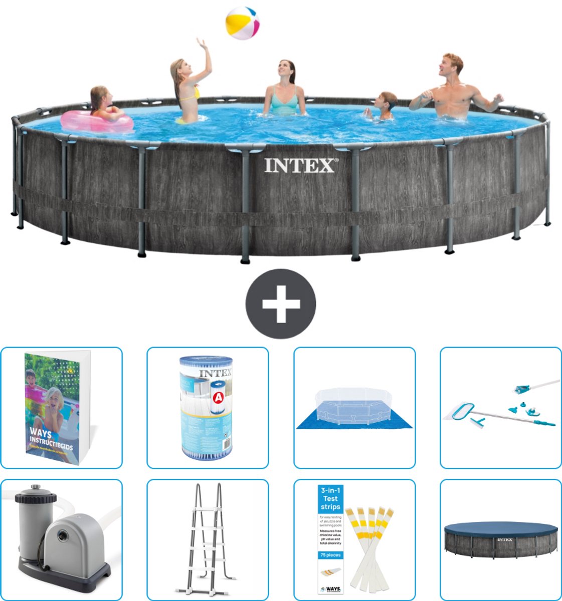 Intex Rond Prism Frame Greywood Zwembad - 549 x 122 cm - Inclusief Pomp - Ladder - Grondzeil - Afdekzeil - Filter - Schoonmaakset - 9-delig