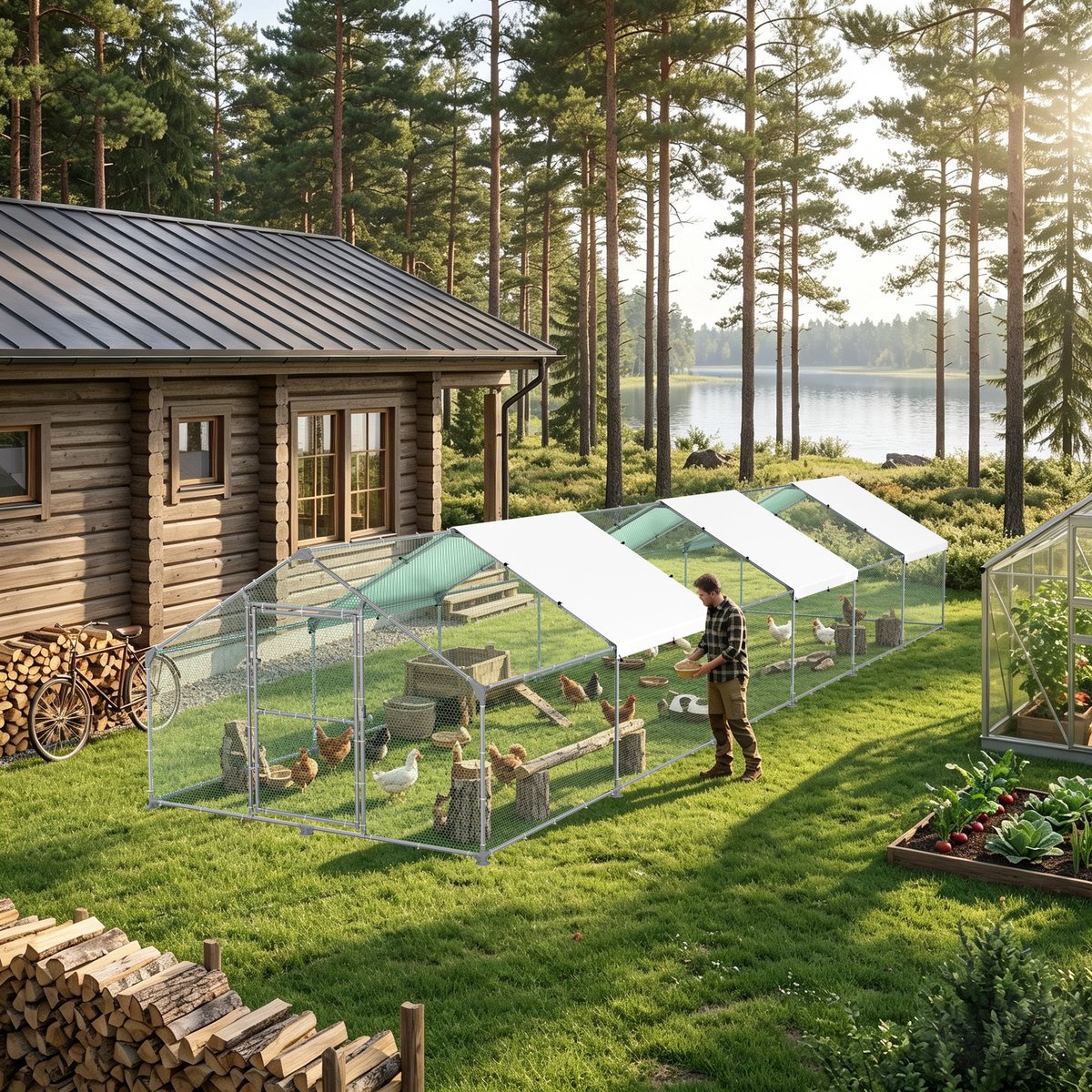 Froadp Kippenhok voor buiten 3 x 12 x 2 m met dak, uitloopren, pluimveestal met PE-bekleding en gegalvaniseerd stalen frame