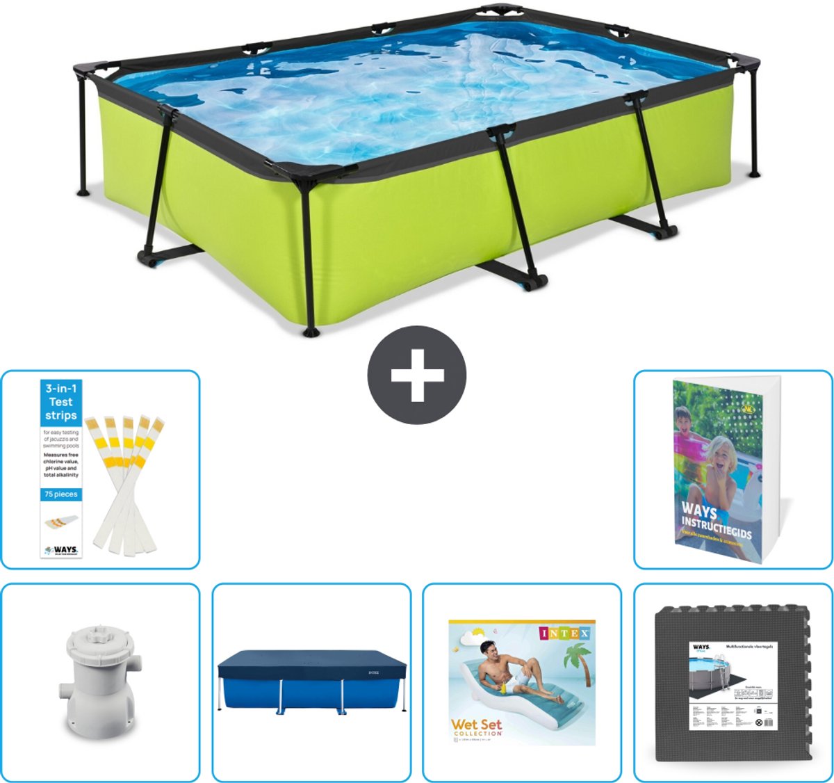 EXIT Rechthoekig Lime Frame Zwembad - 300 x 200 x 65 cm - Inclusief Pomp - Afdekzeil - Loungebed - Vloertegels - 7-delig