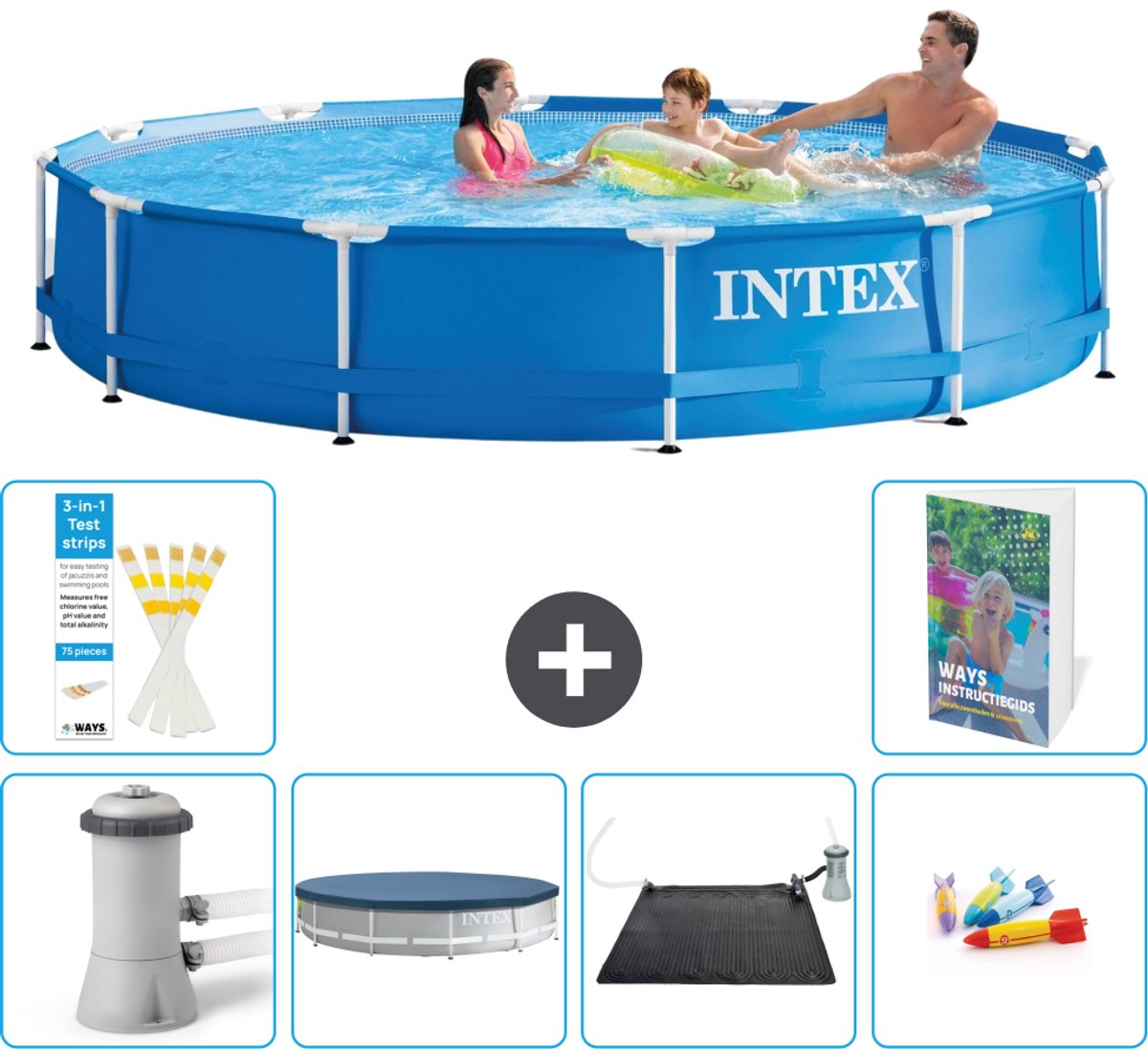 Intex Rond Frame Zwembad - 366 x 76 cm - Blauw - Inclusief Pomp - Afdekzeil - Solar Mat - Speelgoed - 7-delig