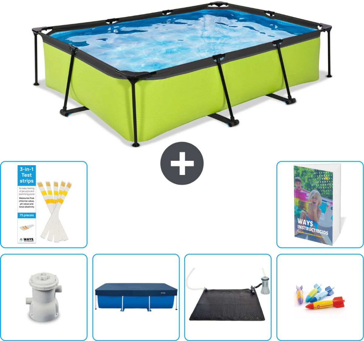 EXIT Rechthoekig Lime Frame Zwembad - 300 x 200 x 65 cm - Inclusief Pomp - Afdekzeil - Solar Mat - Speelgoed - 7-delig