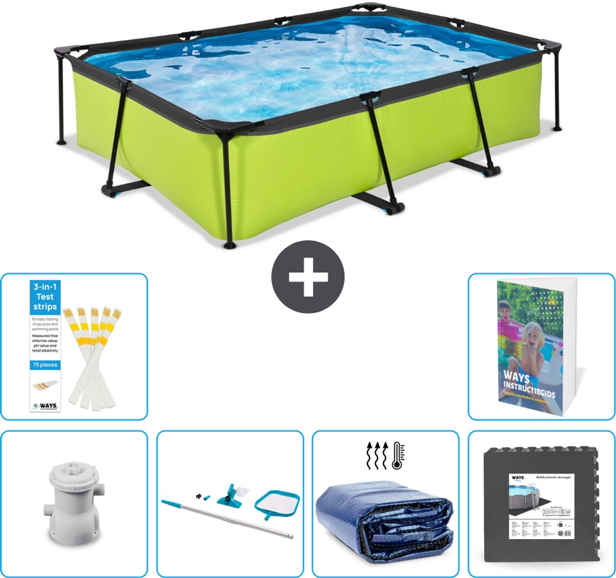 EXIT Rechthoekig Lime Frame Zwembad - 300 x 200 x 65 cm - Inclusief Pomp - Schoonmaakset - Solarzeil - Vloertegels - 7-delig